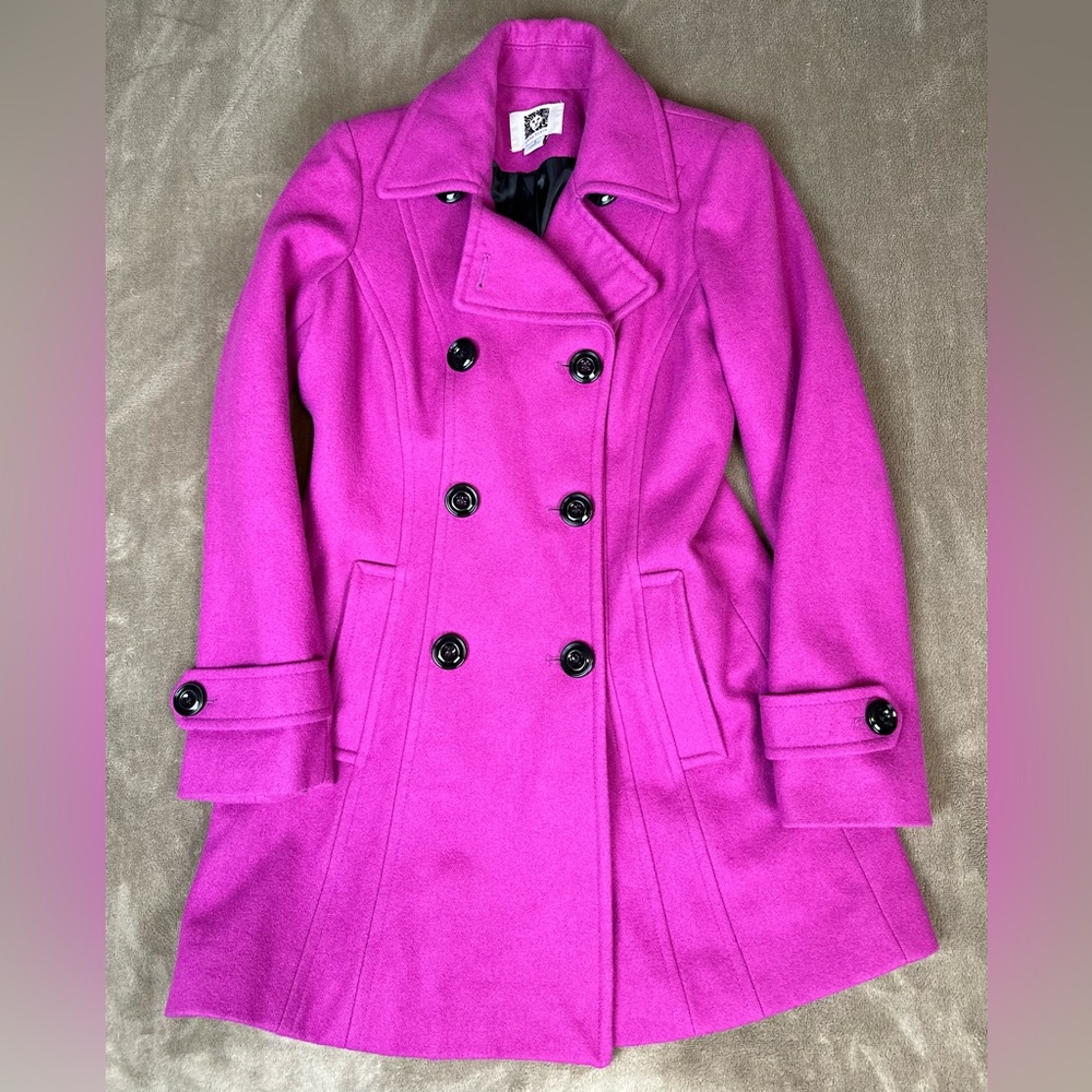 Anne Klein Women’s Sz S Fuchsia Pink Wool Blend Double Breasted Pea Coat Jacket